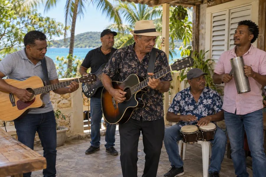 Bachata musicians playing guitar, güira and bongó live