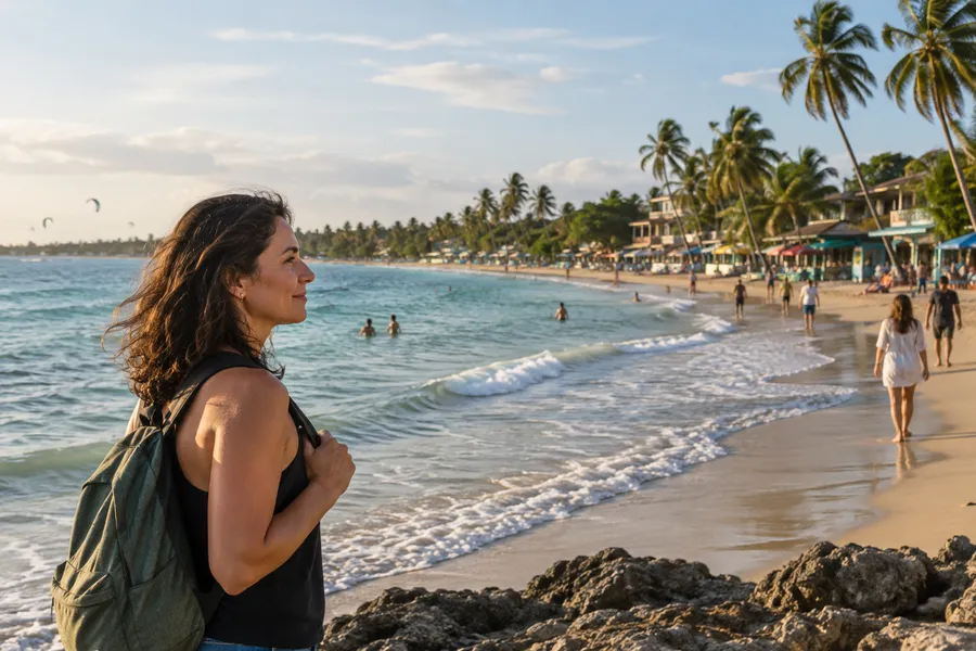 A traveler walking along the shore on a quiet tropical coast