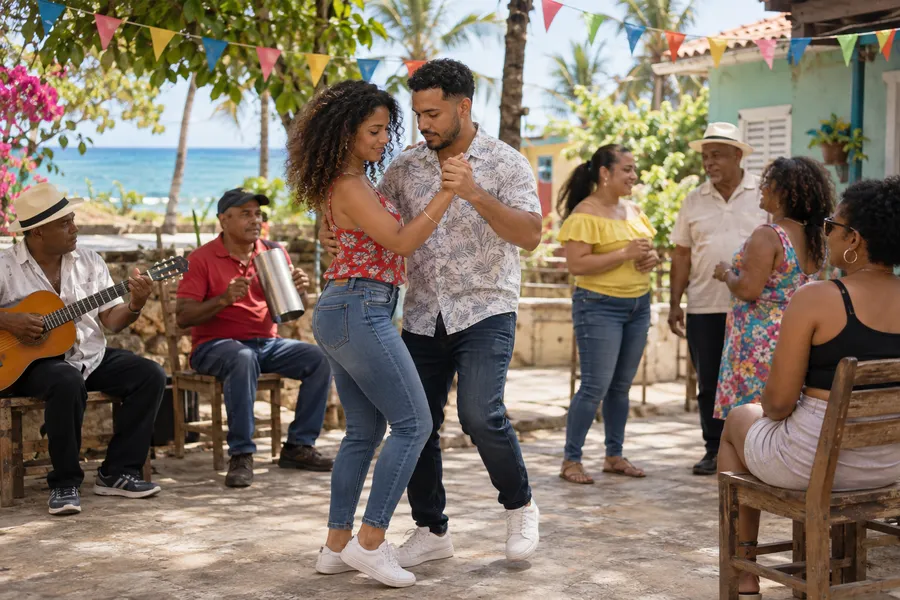 A bachata group celebrating under bunting at a Dominican gathering