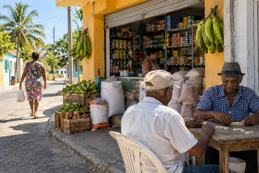 Neighbors gathered around a domino table at a Dominican colmado