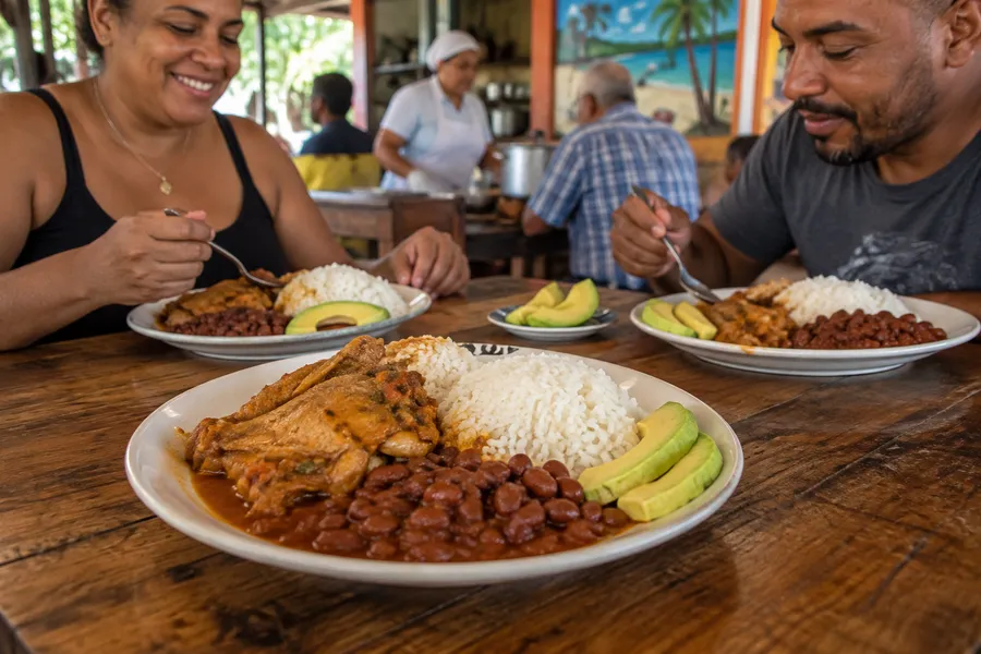 A Dominican plate of rice, beans and chicken introducing local food culture