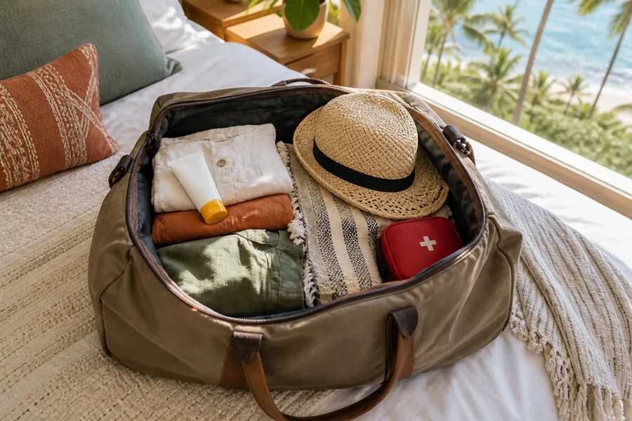 Bolso abierto con ropa ligera, sombrero y protector solar para el retiro