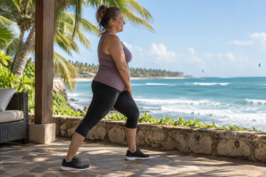 A dancer stretching her ankles by the beach before practice