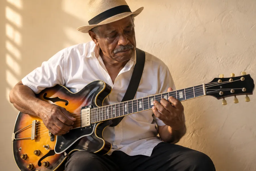 Guitarrista de bachata tocando el requinto durante un ensayo