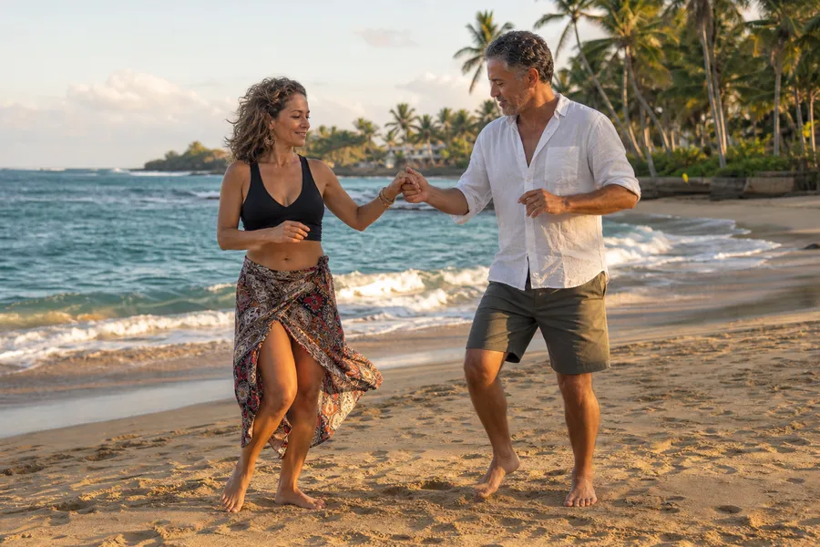A couple practicing bachata by the sea for a Cabarete travel guide