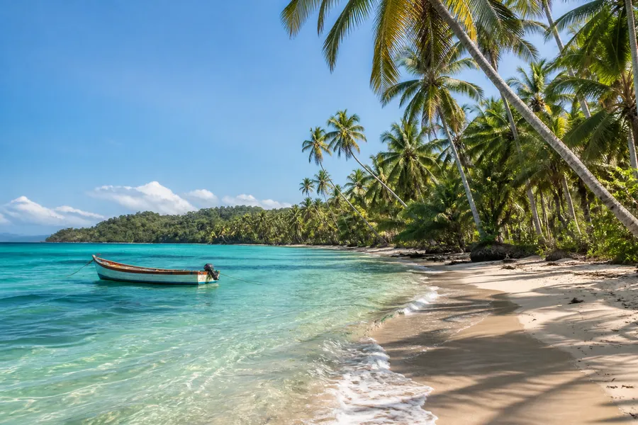A pale sandy beach lined with coconut palms in Las Terrenas