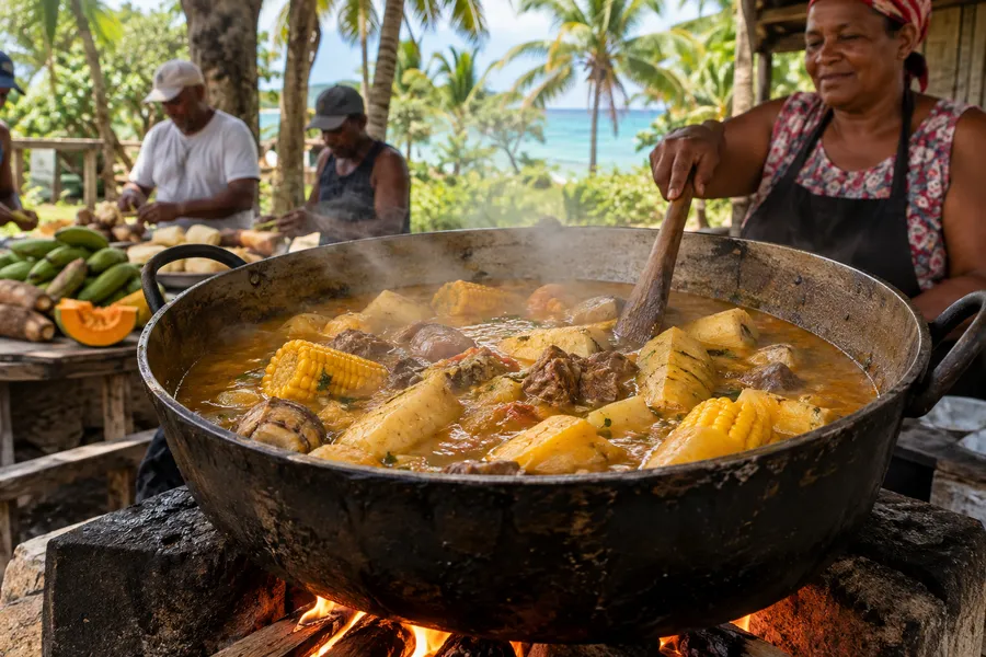 A pot of Dominican sancocho being prepared outdoors