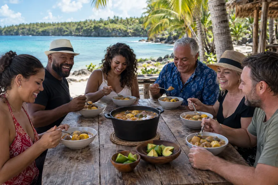 Comensales compartiendo sancocho en cuencos alrededor de una mesa al aire libre
