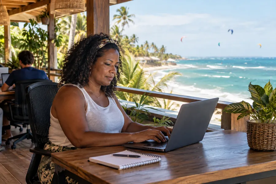 A laptop on a tropical terrace for working while traveling