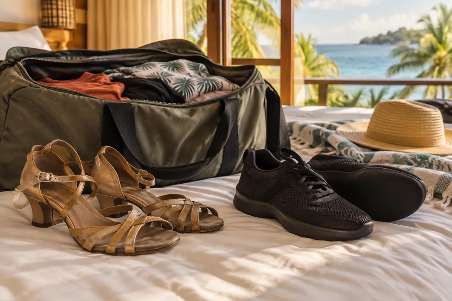 Dance shoes and luggage ready for a Caribbean bachata trip